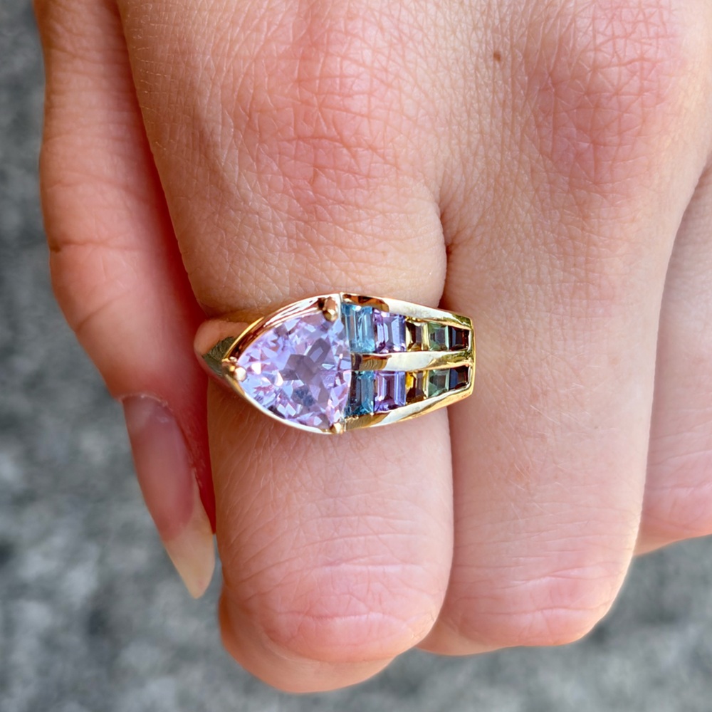 Gold Over Sterling Silver Rainbow Multi Stone Statement Ring - Picture 4 of 8